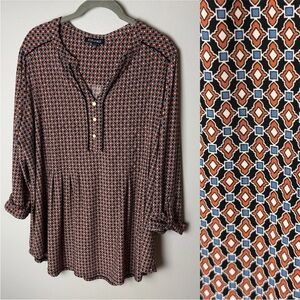 Roz & Ali Blouse Plus Size 2X Top 3/4 Roll-Tab Sleeves Stretch Navy Blue Orange